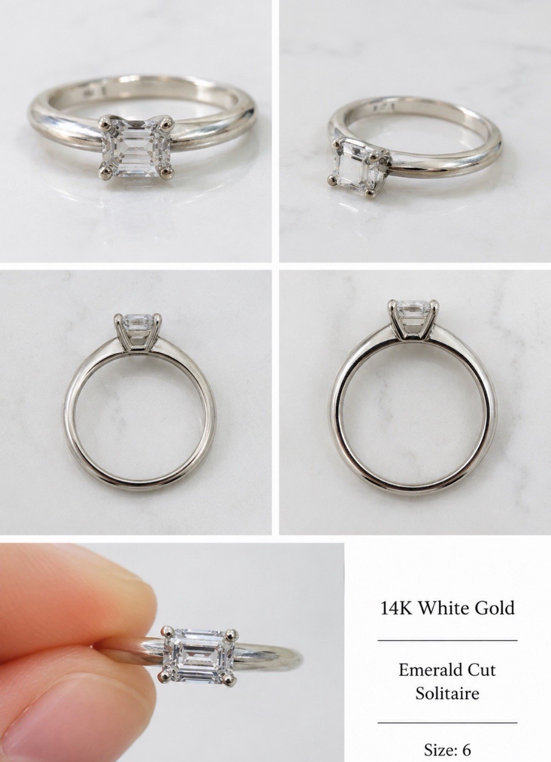 14K White Gold Emerald Cut White/Colorless Diamond Solitaire Ring Size 6, 1ct