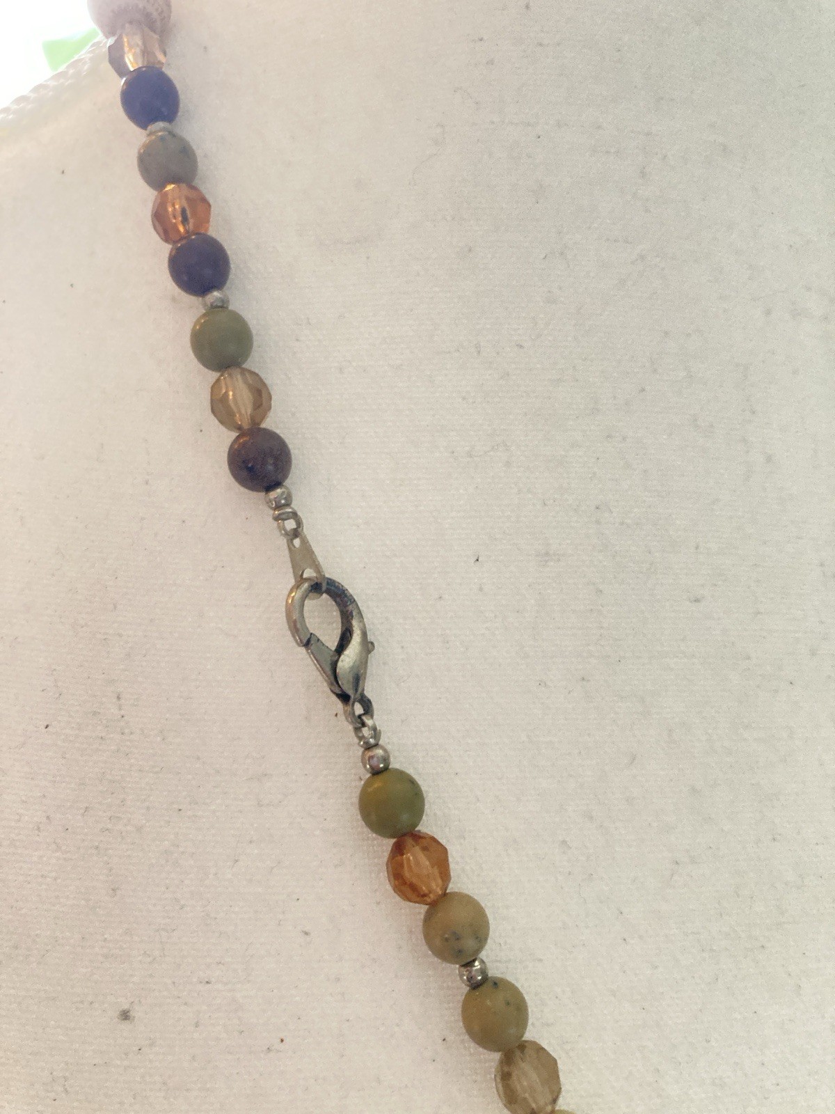 Long Beaded Necklace Wood Glass Silver Tone Neutral Earth Tone Boho Artisan