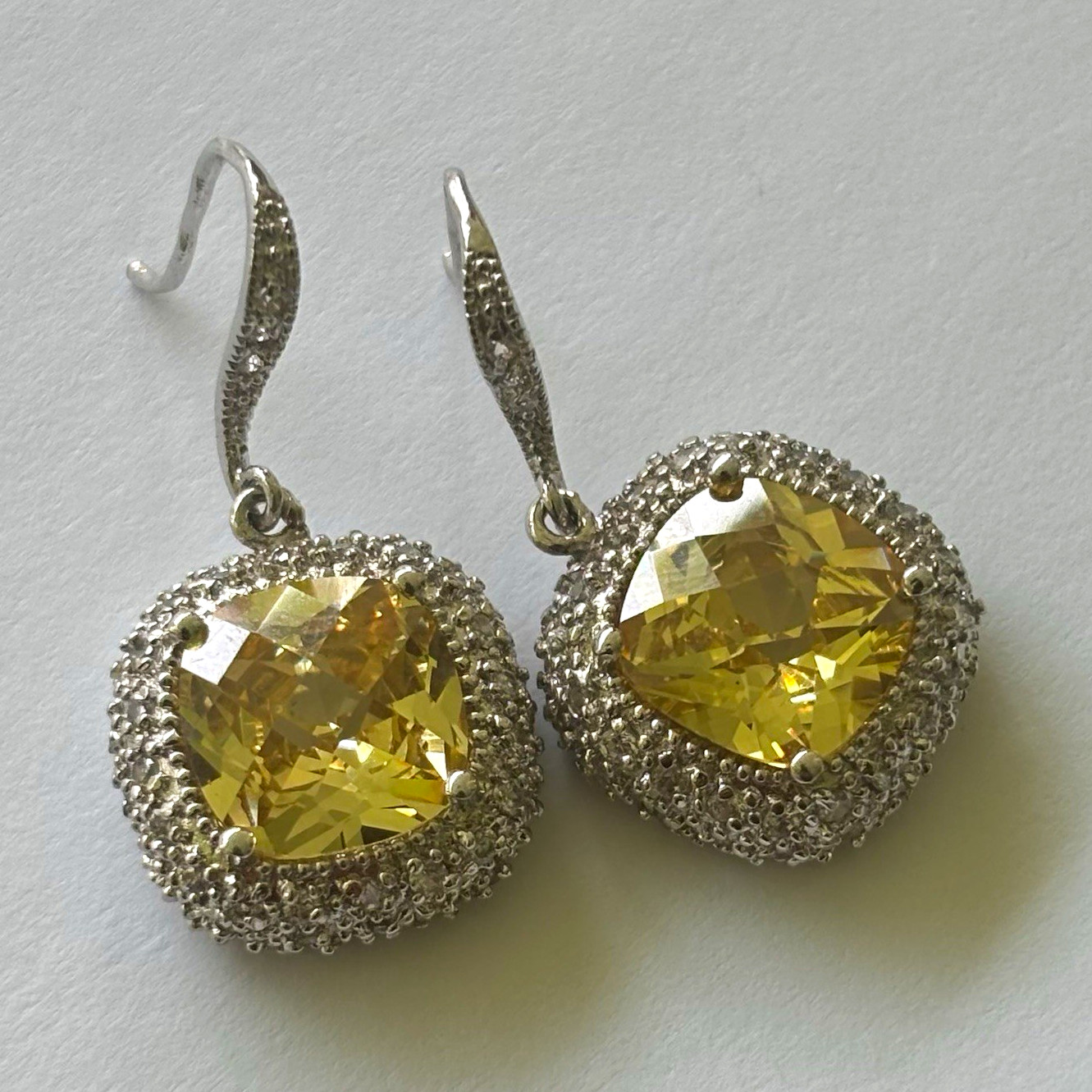 925 Sterling Silver Yellow Cushion Cut Halo Drop Earrings – Unknown Gemstone