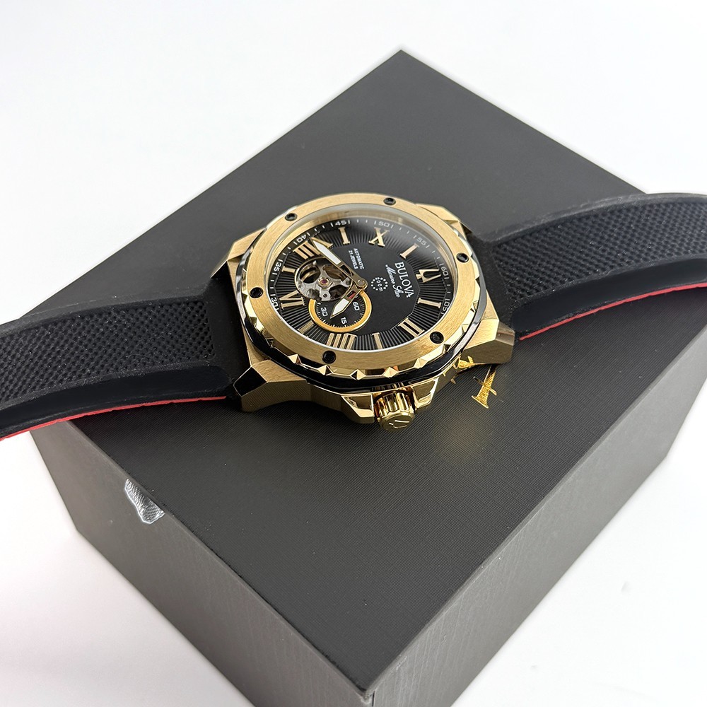 Men’s Bulova 98A272 Marine Star Automatic Silicone Black/Gold Dial Watch 45mm