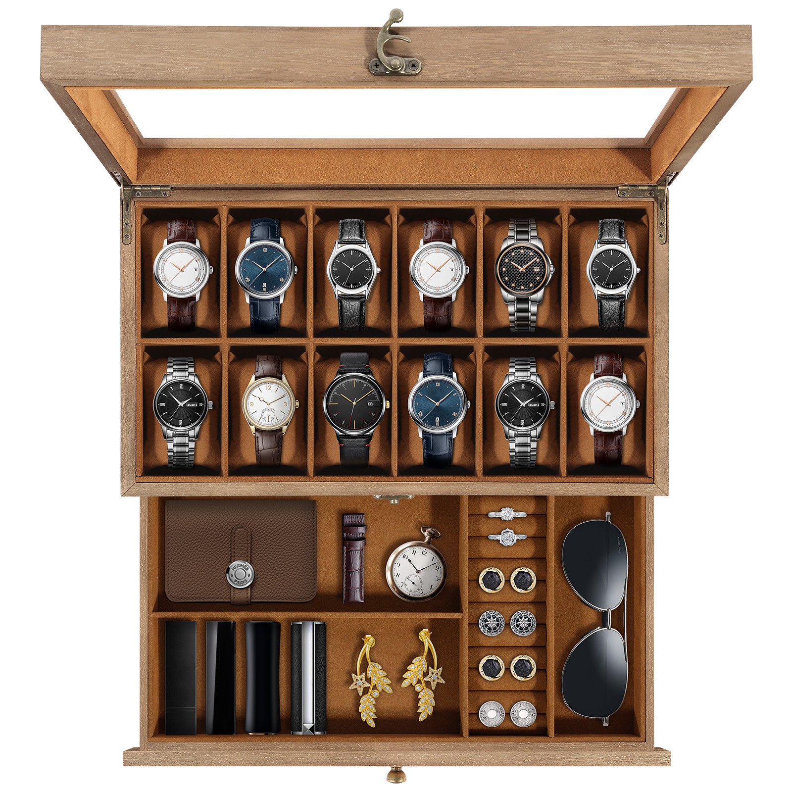 12 Slot Solid Wood Watch Box Clear Glass Top, Men’s Jewelry Display Storage Case