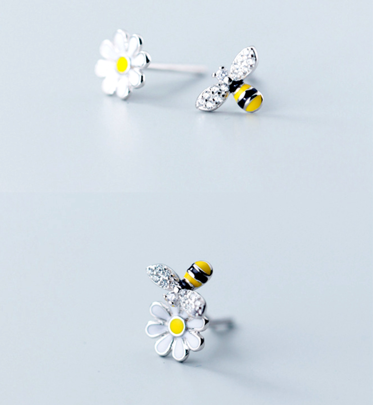 Silver Lovely Yellow White Flower Daisy & Honey Bee Pave CZ Stud Earrings