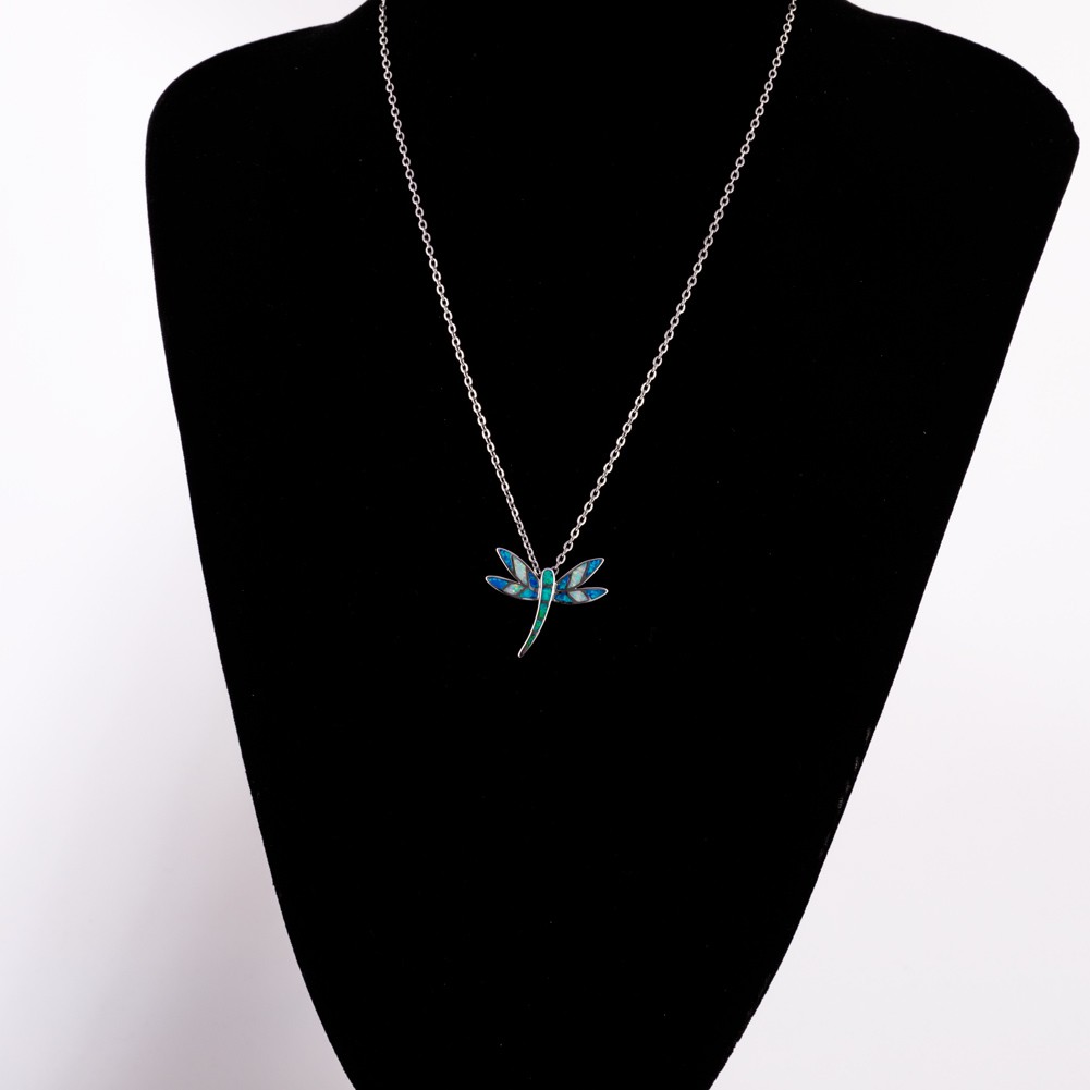 Dragonfly Green Blue White Fire Opal Mixed Silver Jewelry Necklace Pendant