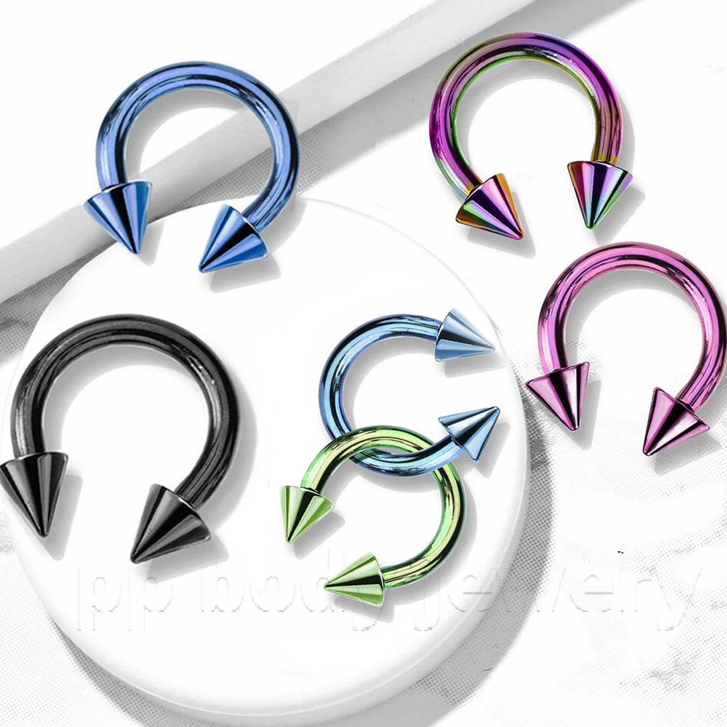 PAIR Anodized Surgical Steel Spiked Horseshoe Circular Barbell Ear Labret Septum
