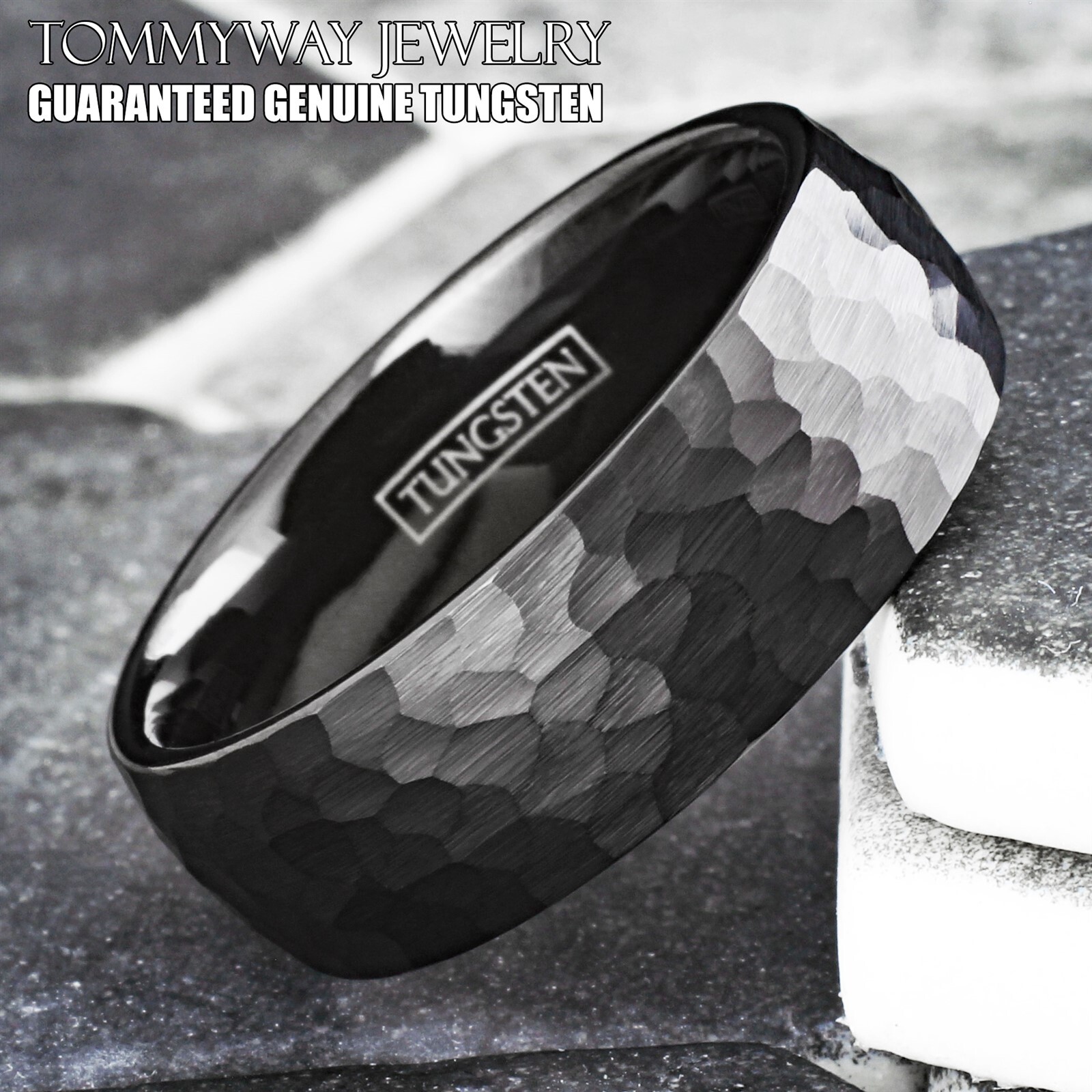 Black Tungsten Carbide Hammered Brushed Finish Men’s Wedding Band Ring