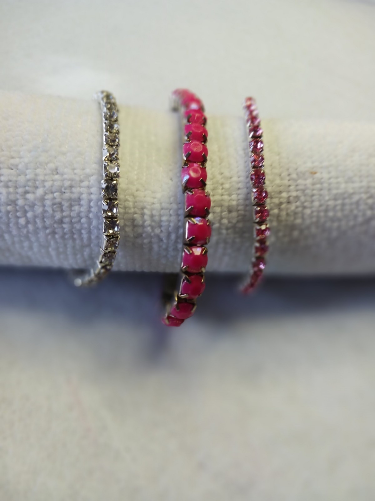 Three Pretty 5″ Bracelets Prong-Settings. Pink, Dark Pink And Clear.
