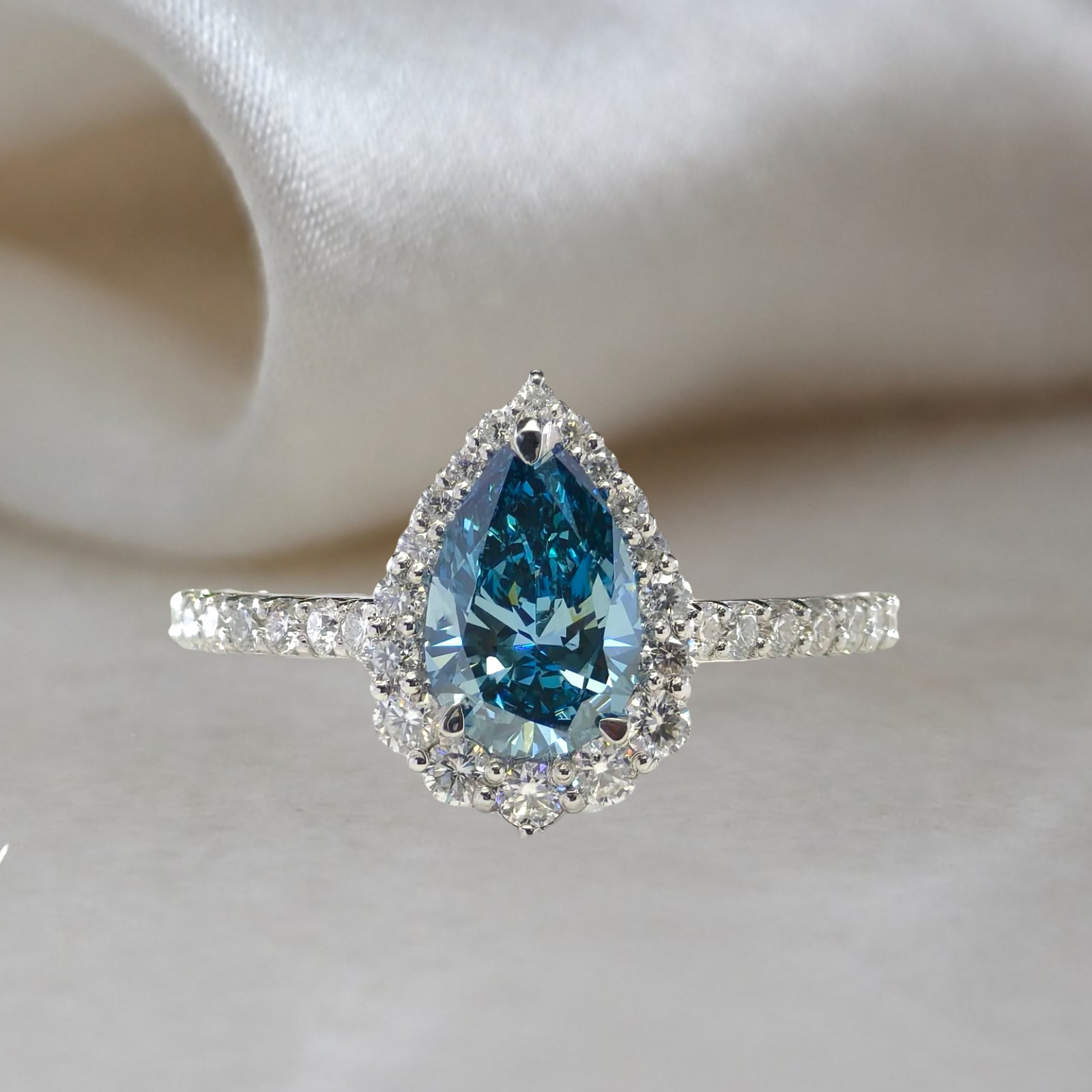 2.00 CT Pear Cut Lab Grown Fancy Intense Blue Diamond Women Ring 18K White Gold