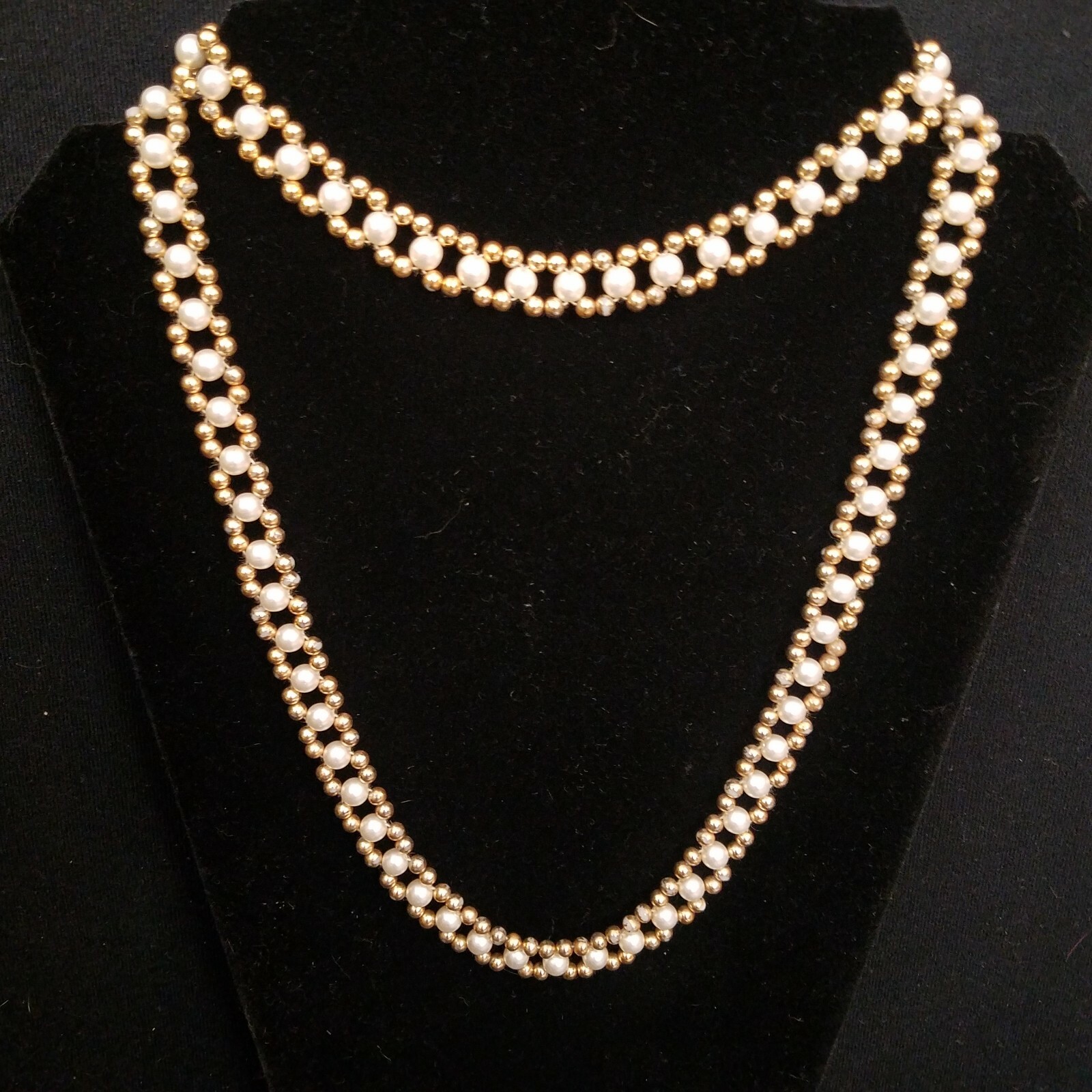 Pearl Faux 36″ Long Statement Runway Necklace Wrap Mini Gold Balls Beads