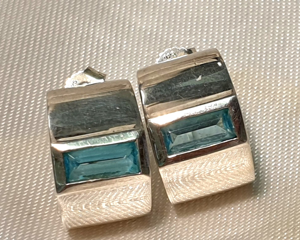 925 Sterling Silver Half Hoop Earrings with Blue Topaz Master Hallmark Crown Hallmark