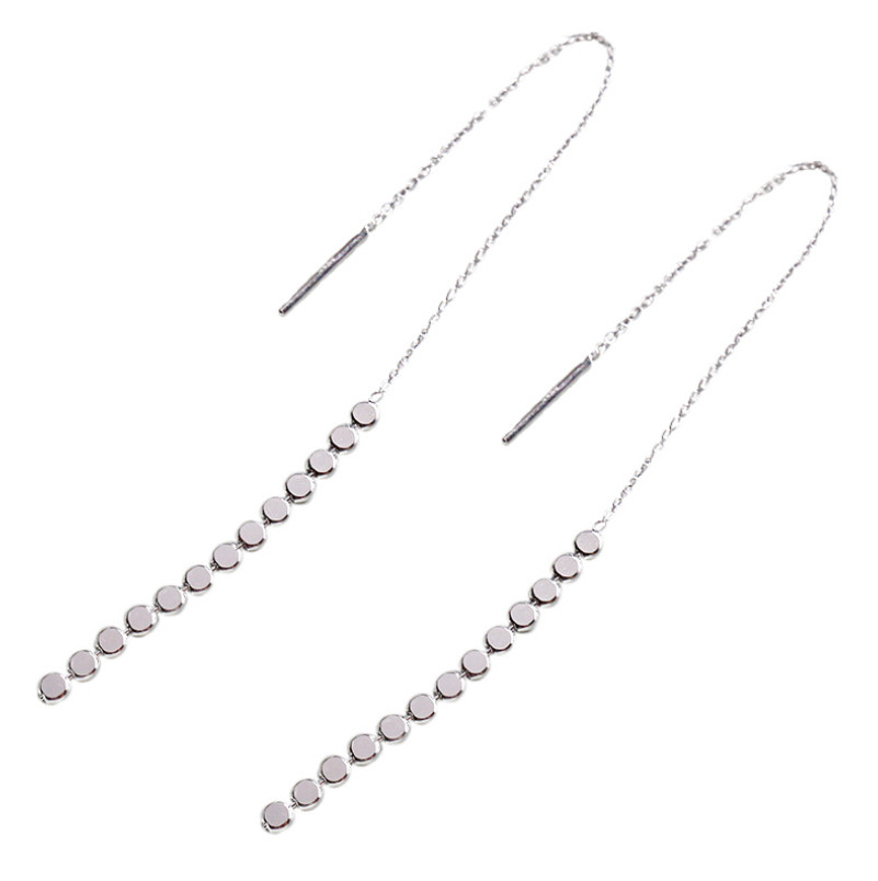 Women Sterling Silver Plated Pull Through Threader Dangle Disc Dots Earrings TH3