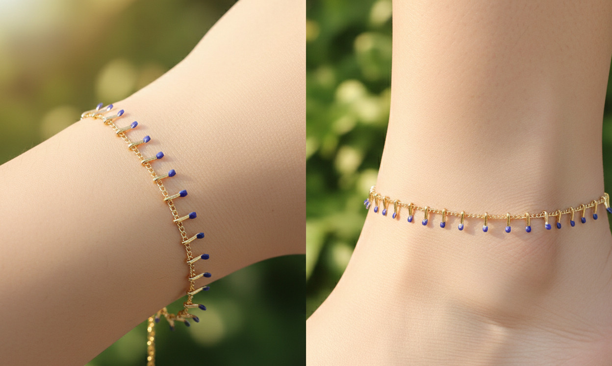 18K Gold Plated Brass Chain Bracelet Sapphire Blue Dangle Charms Boho Jewel