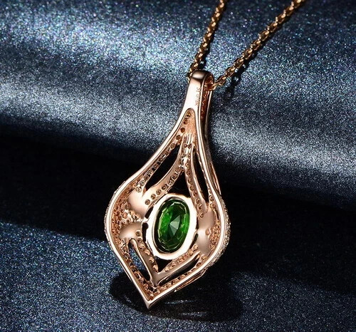 14K Rose Gold Finish Simulated Oval Cut Emerald /Diamond Charm Pendant 18″ Chain