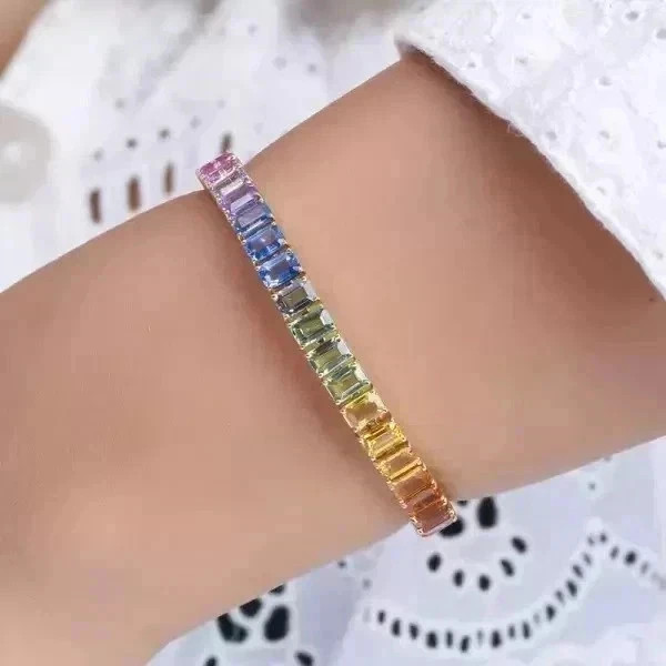 15CT Emerald Lab Created Rainbow Sapphire Tennis Bracelet 14K Yellow Gold Plated