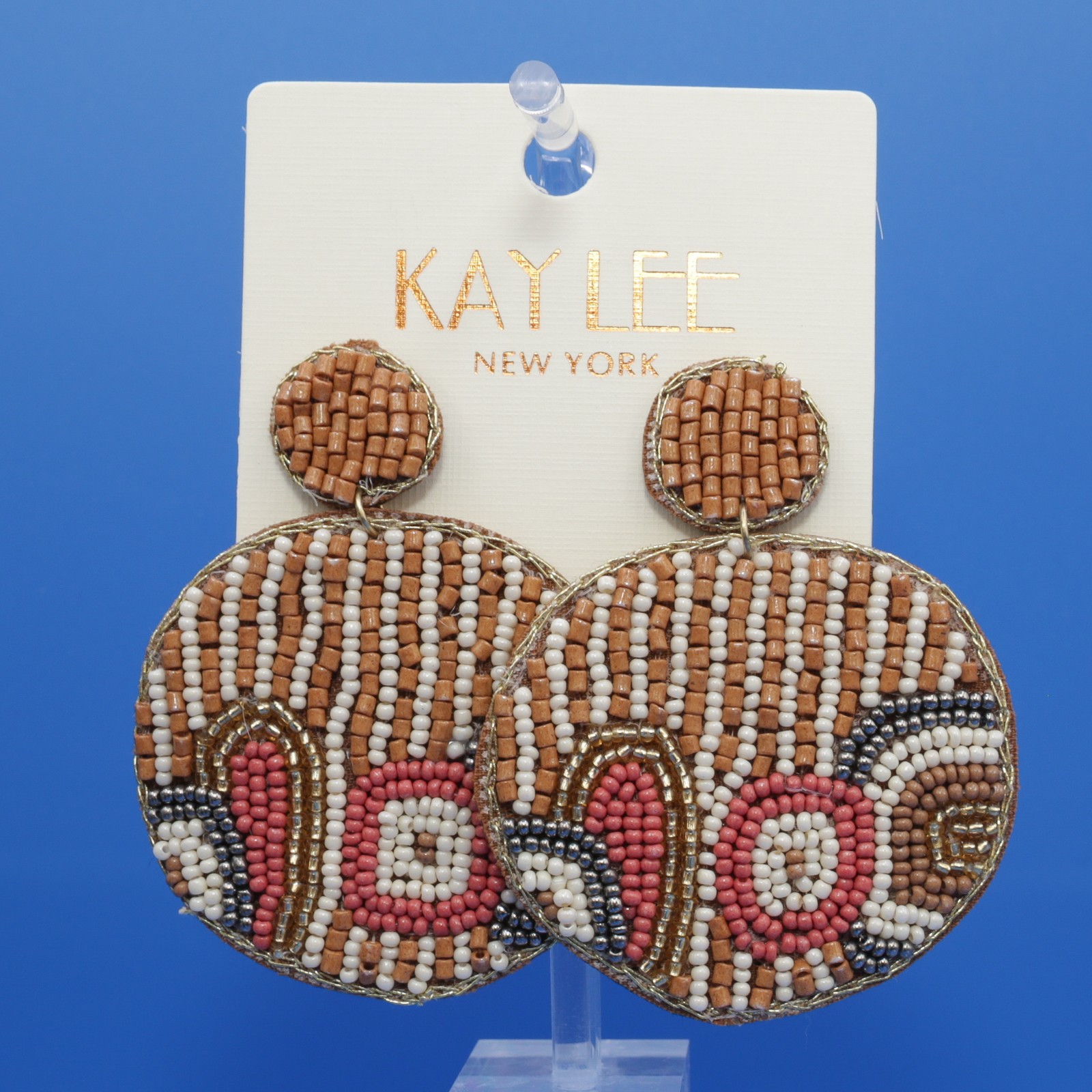 Kay Lee New York Boho Beaded Drop Earrings Round Brown Pink White Statement