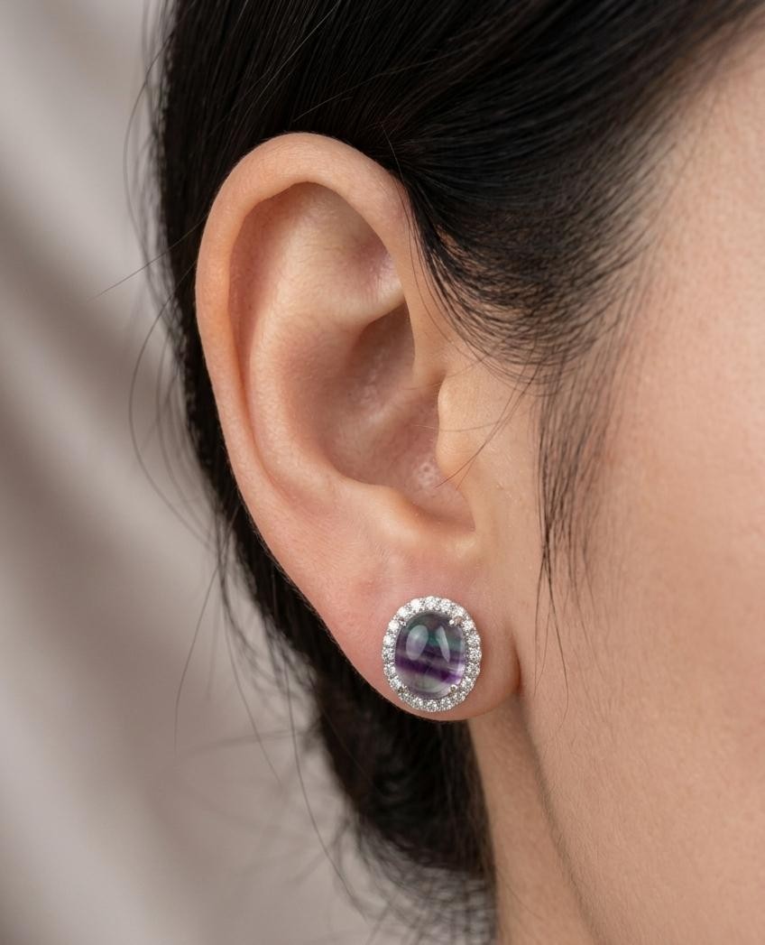 Natural Fluorite Stud Earrings 925 Sterling Silver Gift For her Women