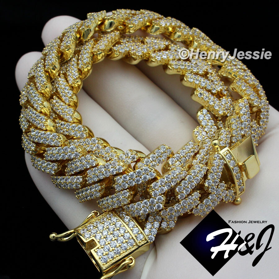 20″MEN 14K GOLD PLATED ICY BLING CZ 14MM GOLD MIAMI CUBAN CURB NECKLACE*BGN6