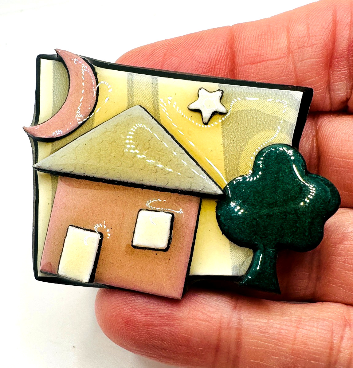 RARE Black Brown Green House Pin by Lucinda Signed Thin Black Back Star