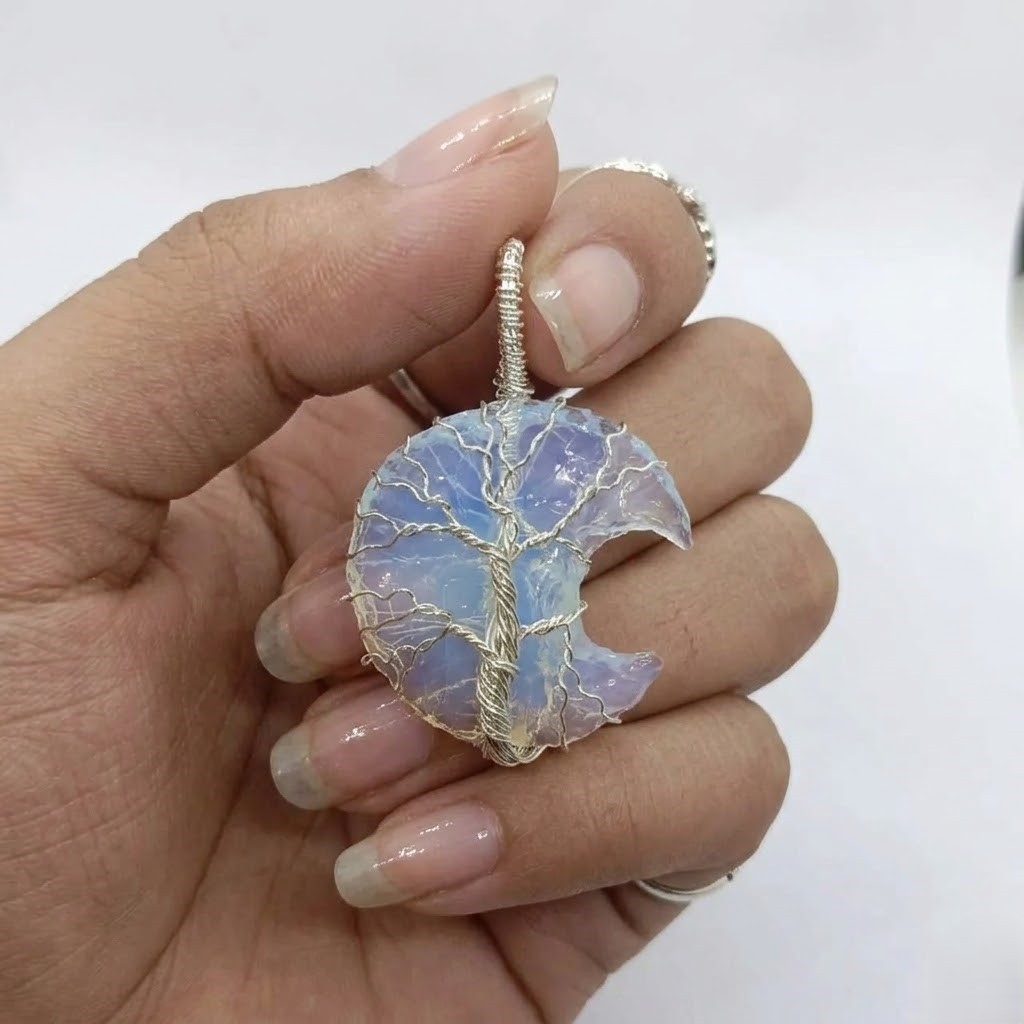 Opalite Crescent Necklace 40-45Ct | Tree of Life, Silver Wire Wrapped Pendant