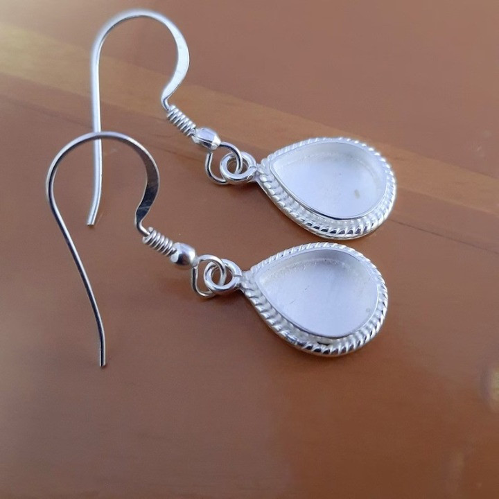 925 Sterling Silver 5x7mm Pear Rope Bezel Hook Earrings DIY Jewelry Setting