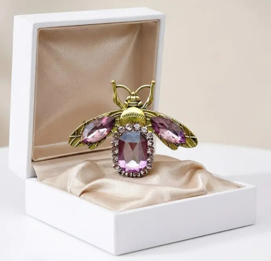VTG DARK ROYAL PURPLE BEE INSECT BUG BROOCH PIN~RHINESTONE CRYSTAL~GARDENER GIFT