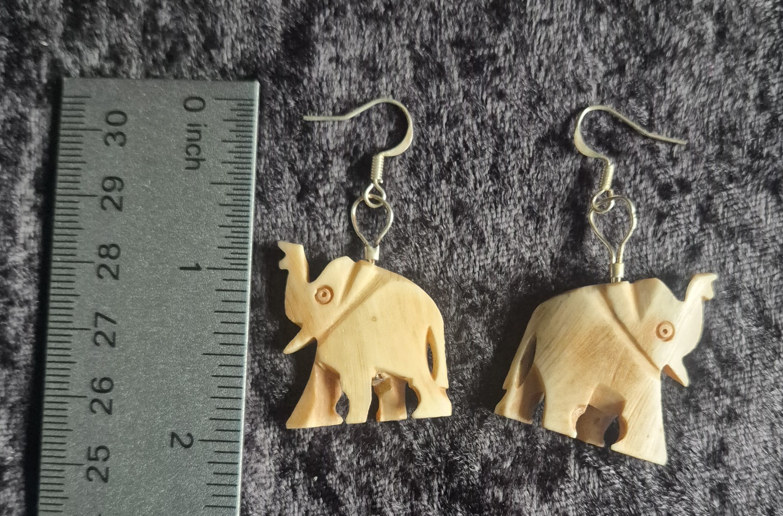 Handcrafted Wood Elephant Dangle Earrings Beige Animal Theme Approx. 1.5 in