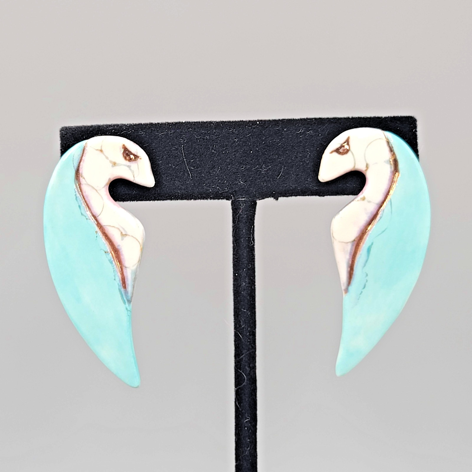 Vintage Ceramic Artistic Bird Pierced Earrings Blue White Enamel 1.75″