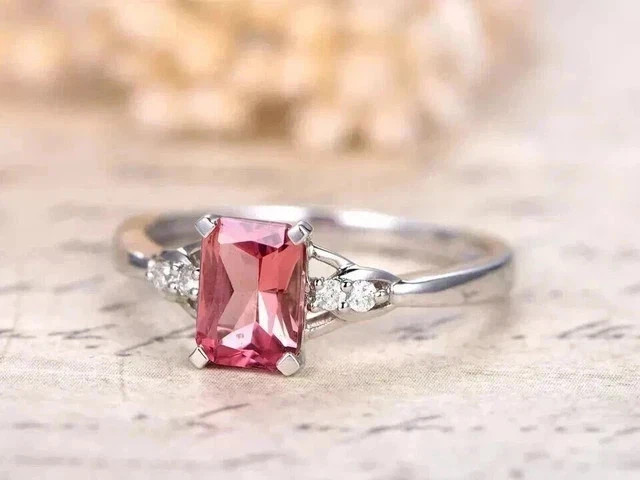 2Ct Emerald Cut Lab Created Tourmaline Women’ Wedding Ring 14K White Gold Plated