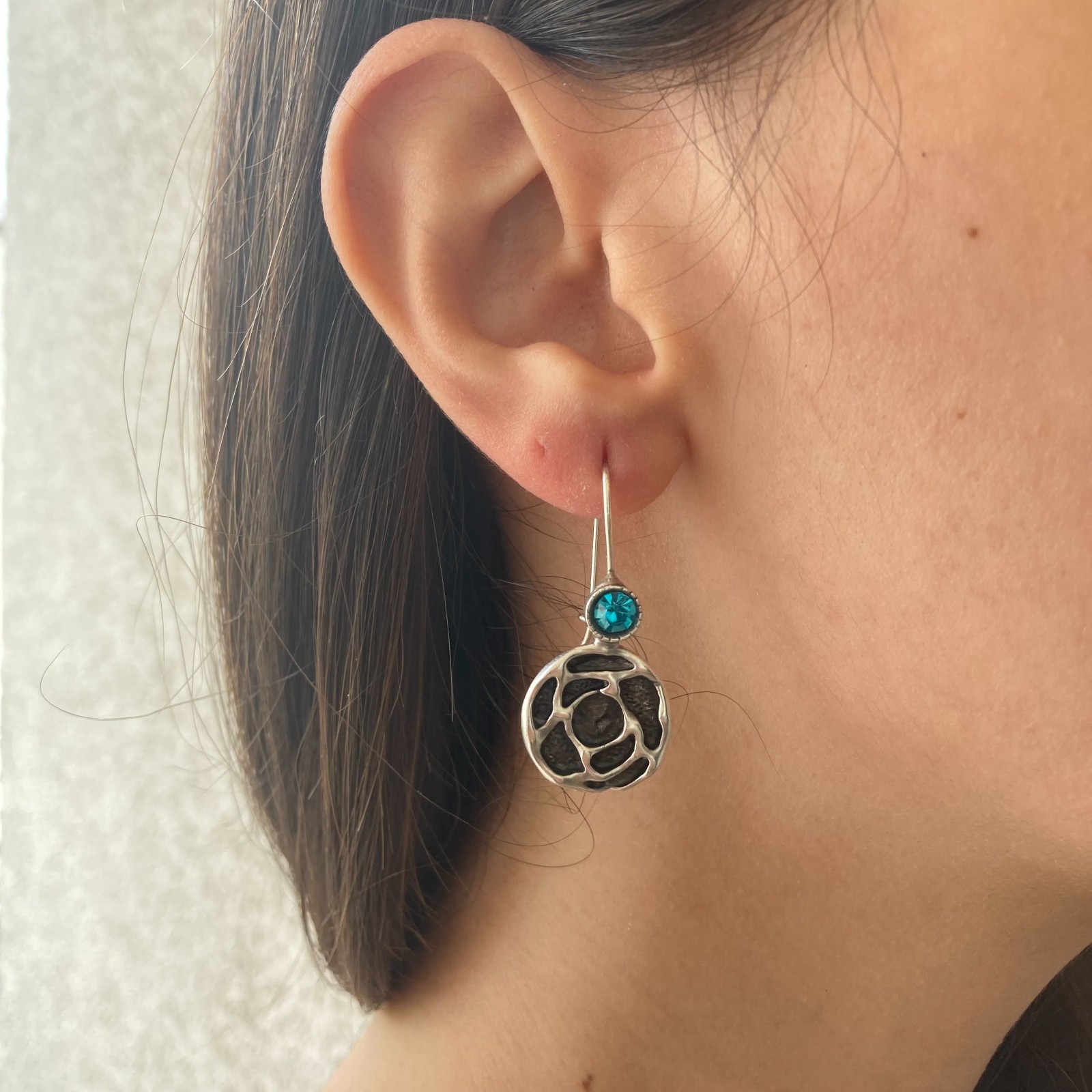 Lightweight Antique Silver Round Dangle Earrings Blue Zircon Boho Jewelry