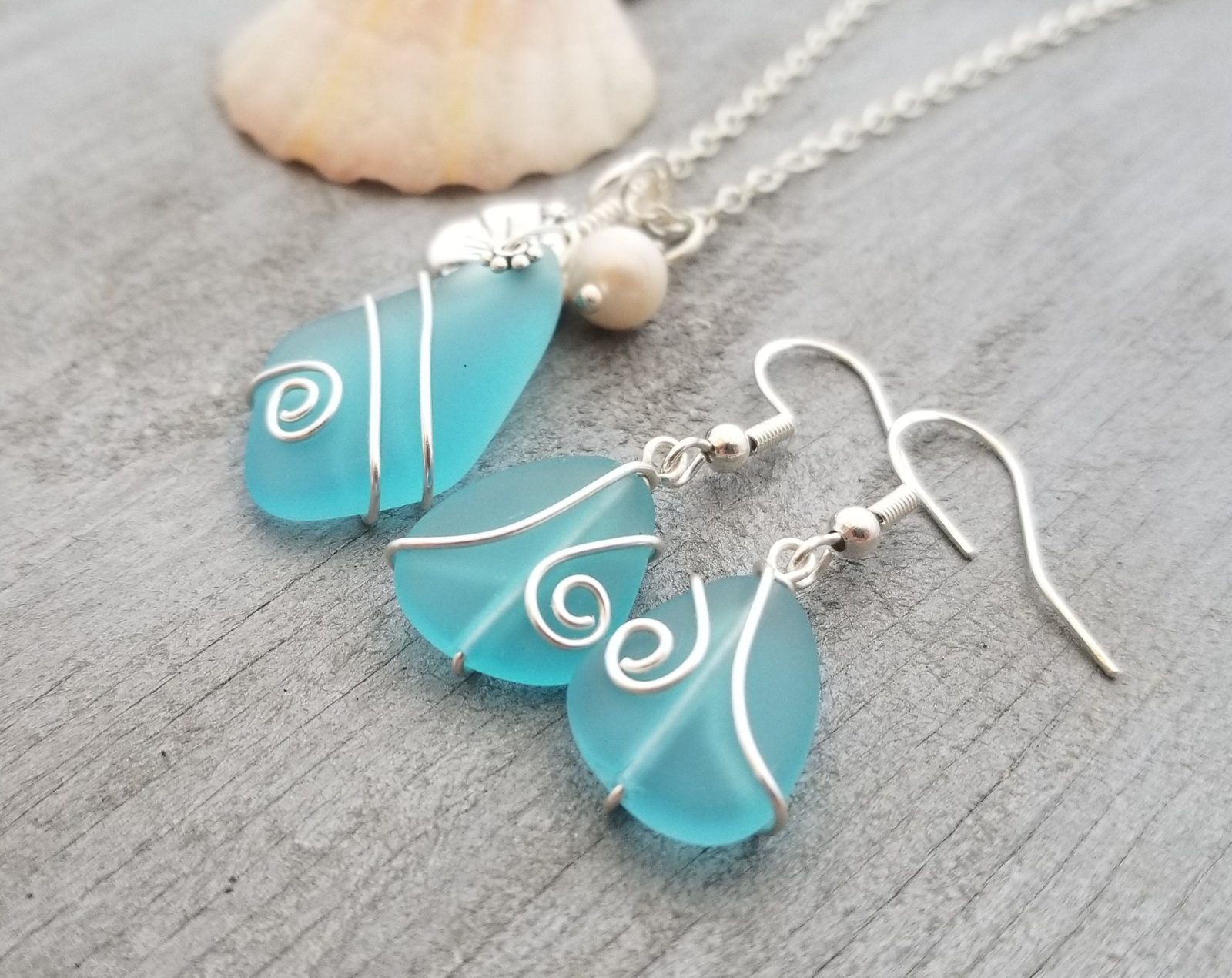 Made in Hawaii, Wire wrapped blue sea glass necklace + earrings jewelry set,
