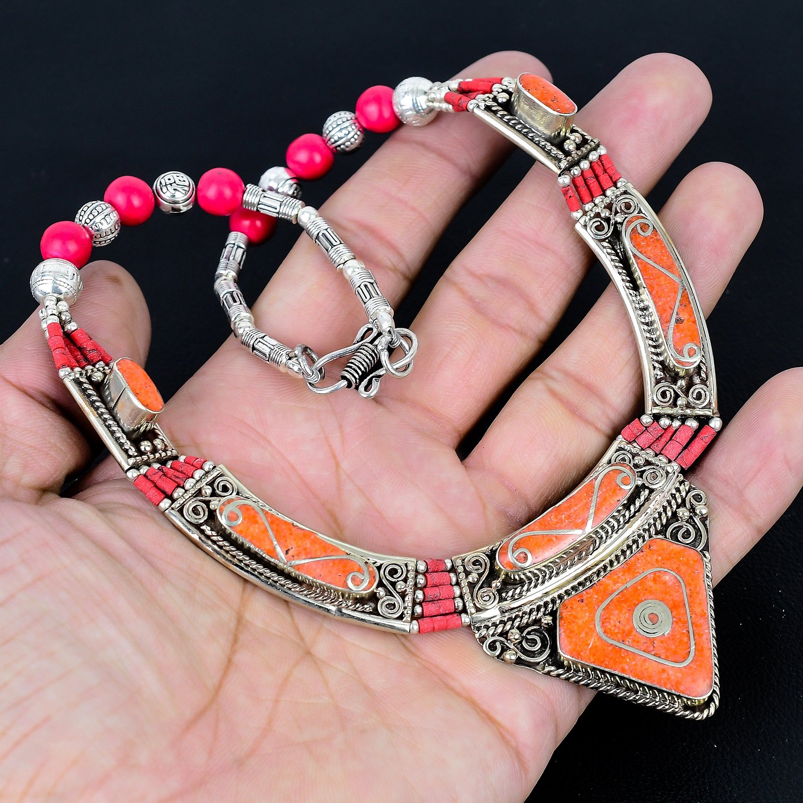 Red Coral 925 Sterling Silver Tibetan Handmade Amazing Nepali Necklace 18″ PG134
