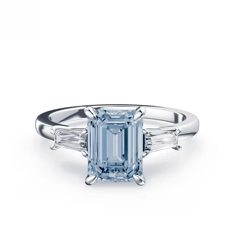 18k White Gold IGI Lab Grown Diamond Ring Fancy Intense Blue 3.20 Ct Emerald Cut