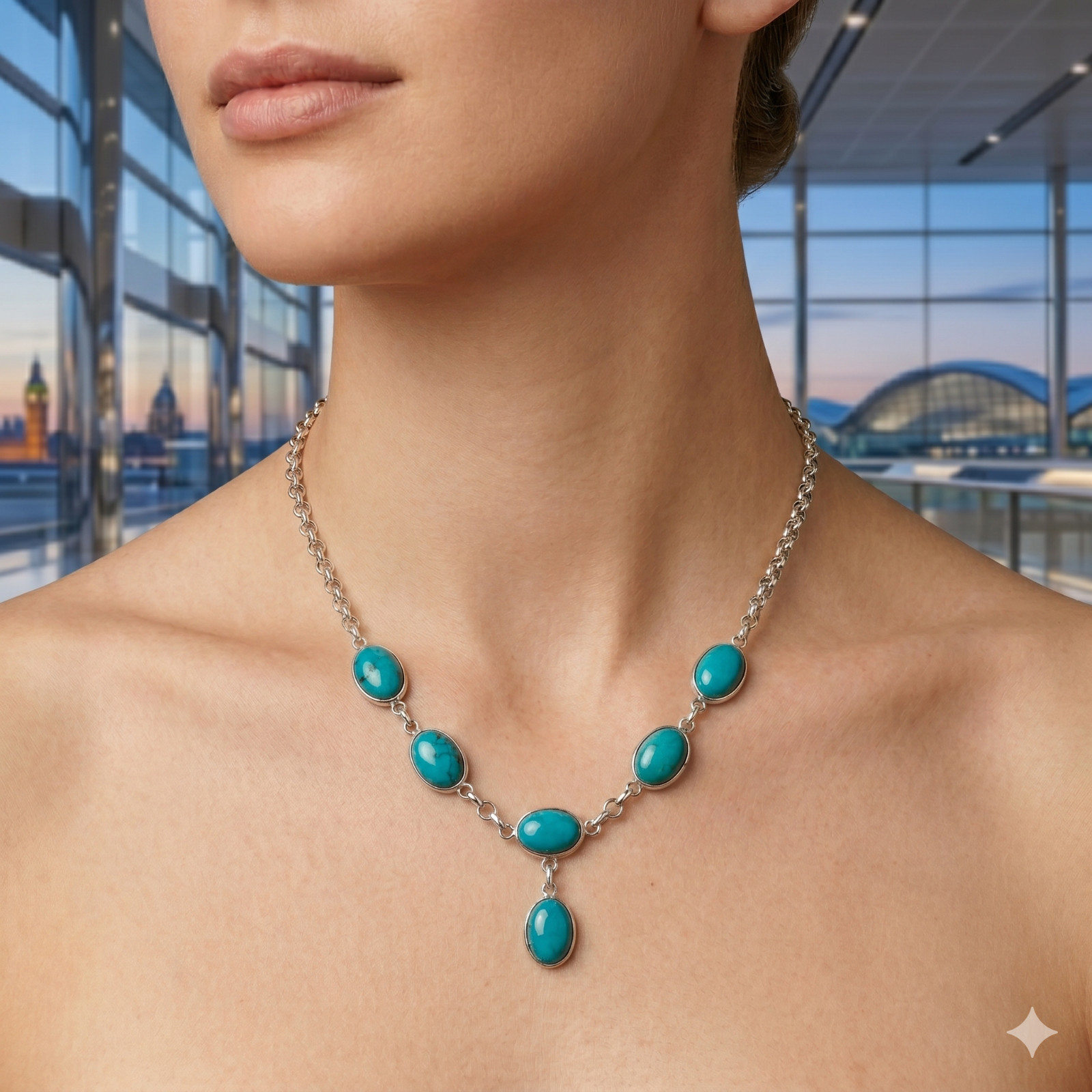 925 Sterling Silver Natural Magnesite Turquoise Chain Trendy Necklace Jewelry