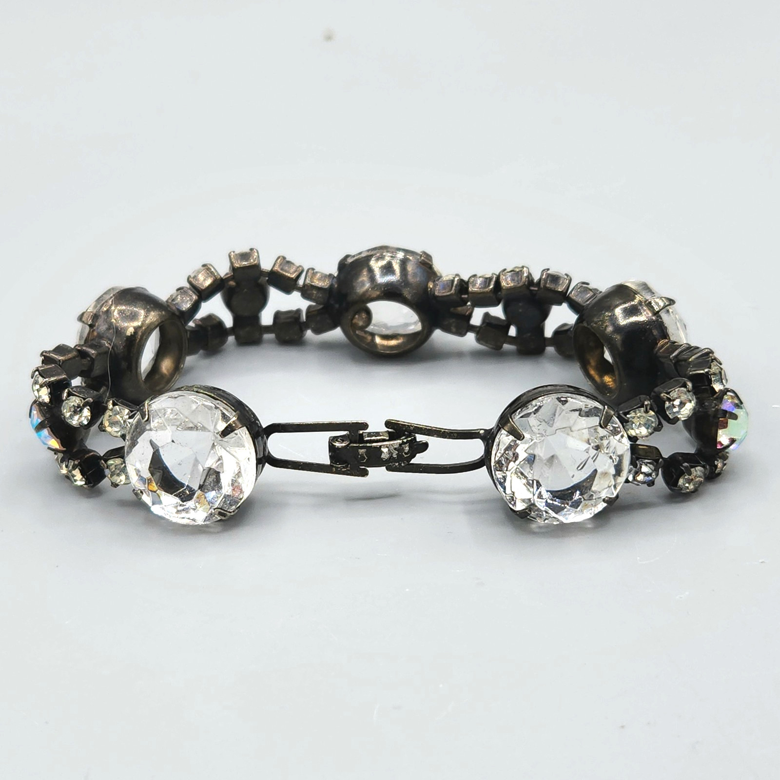 Vintage Unsigned Molded Glass and AB Chaton Rhinestone Japanned Bracelet 7”