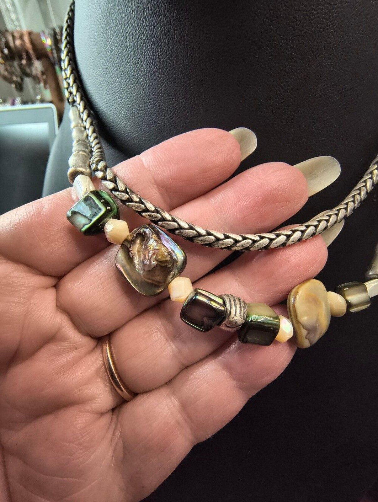 Vintage Chico’s Layered Abalone Mother of Pearl Necklace Silver Tone Boho Style