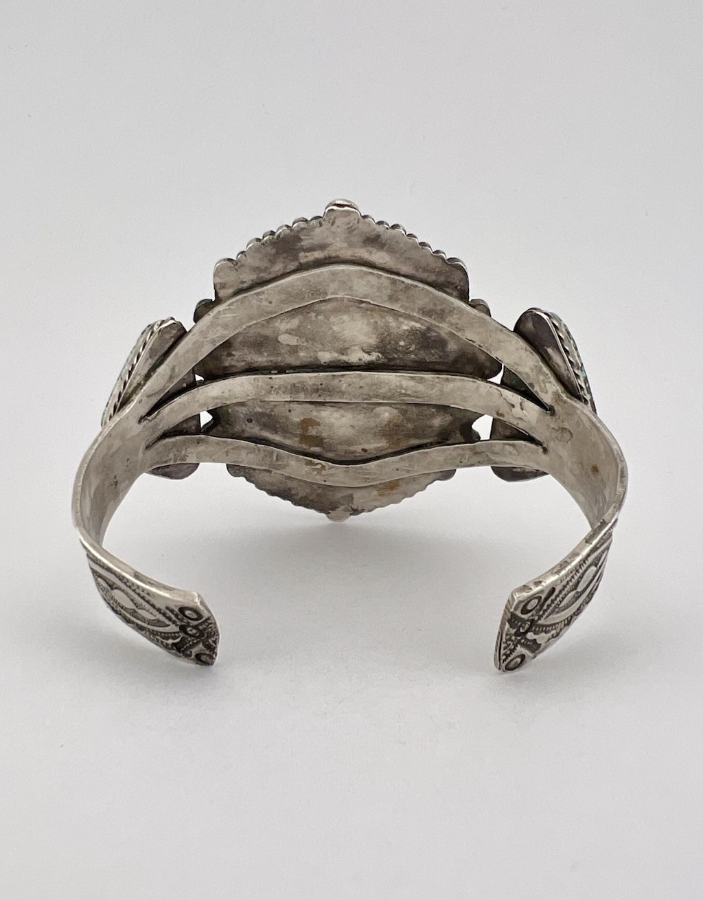 Fred Harvey Navajo Sterling Silver Spiderweb #8 Turquoise Stamped Cuff Bracelet