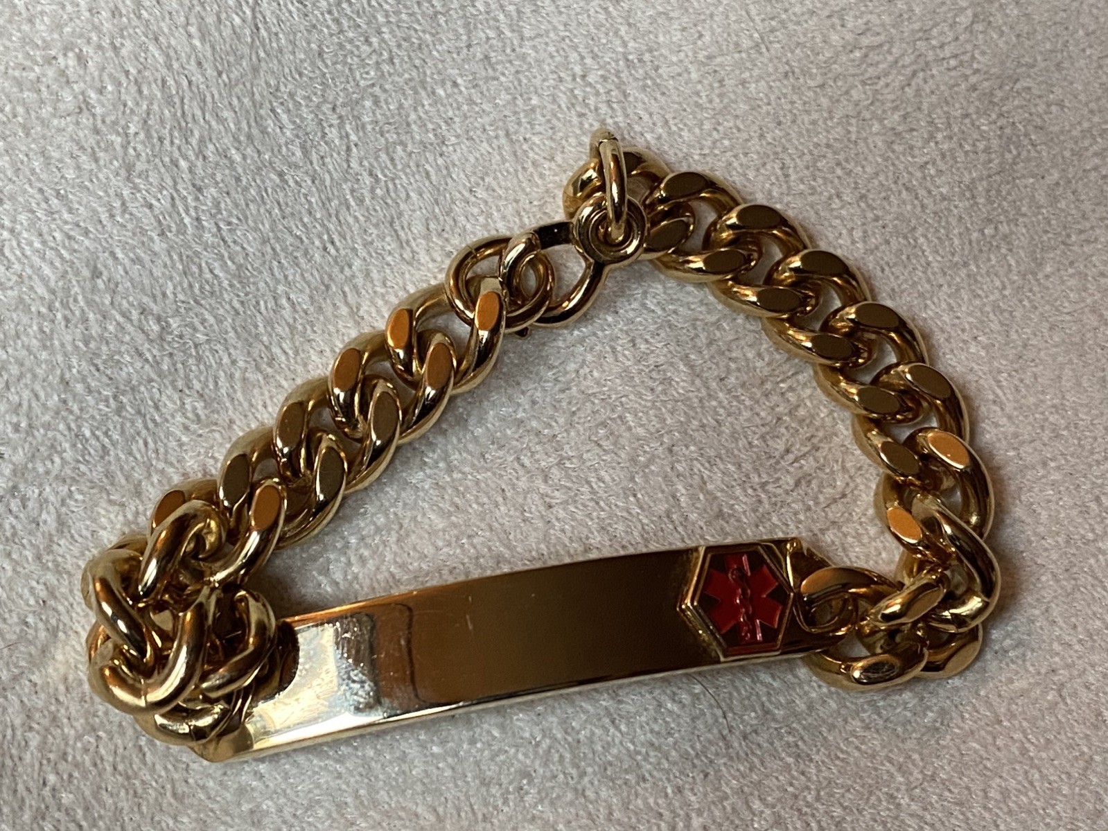 Vintage Elco Medical ID Bracelet Gold Electroplated 7.5”Engraveable Red Caduseus