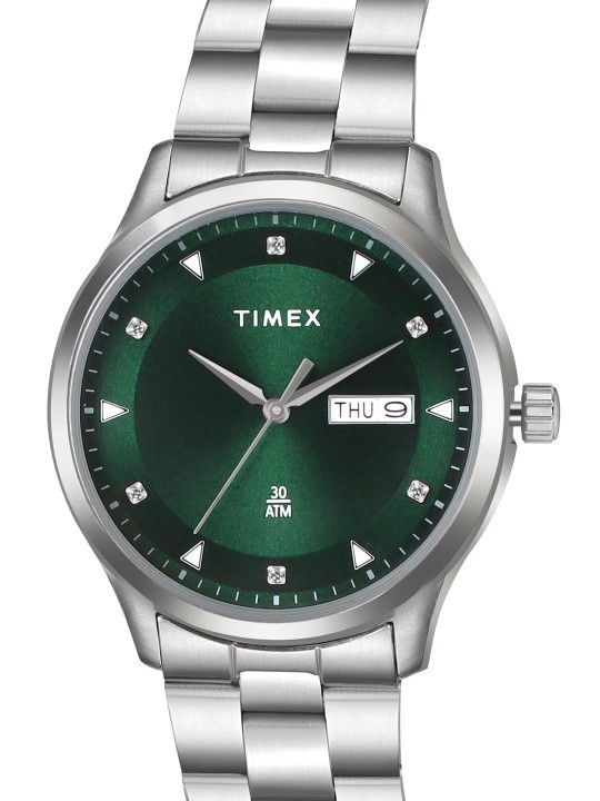 Timex Mens Watch Green Solid Dial Silver Stainless Steel Bracelet Calendar 30M