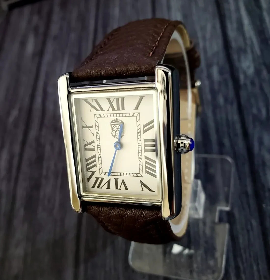 Iconic Swiss Design Pierre Lucerne 1888 Vintage Style Tank Mens Watch Brown Band