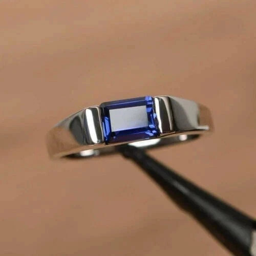 2Ct Emerald Cut Lab Created Sapphire Men’s Engagement Ring 14K White Gold Plated