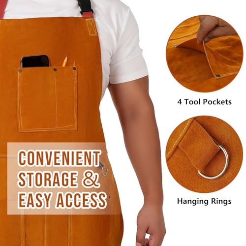 Leather Welding Apron for Men & Women, Heat & Flame Resistant Cowhide Brown