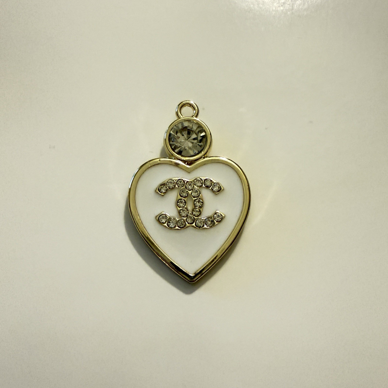 Designer Zipper Pull Charm Gold Tone, White & Rhinestone Pendant