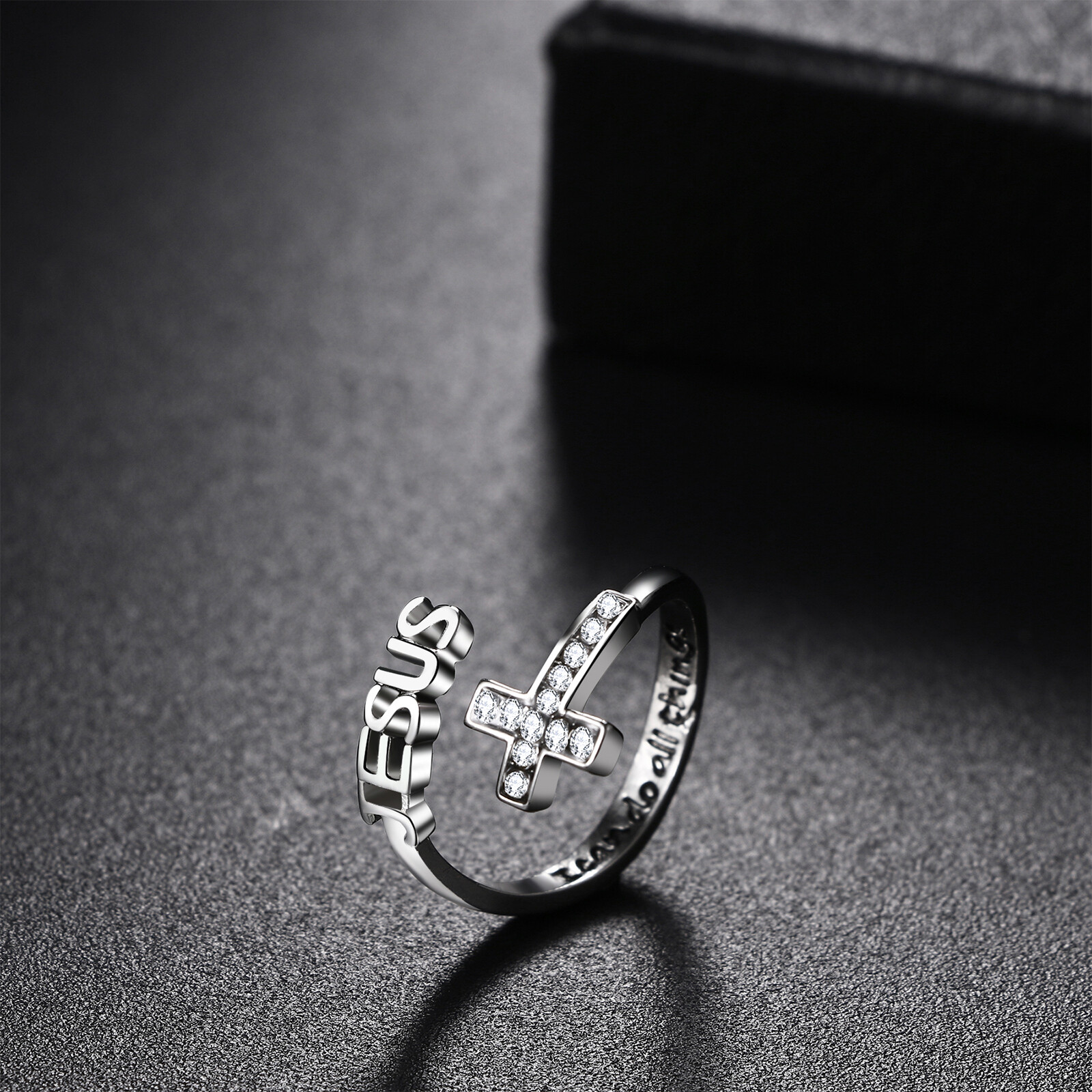 Women Christ Cross Jesus Ring I Can Do All Things Engraved Adjustable Open Band