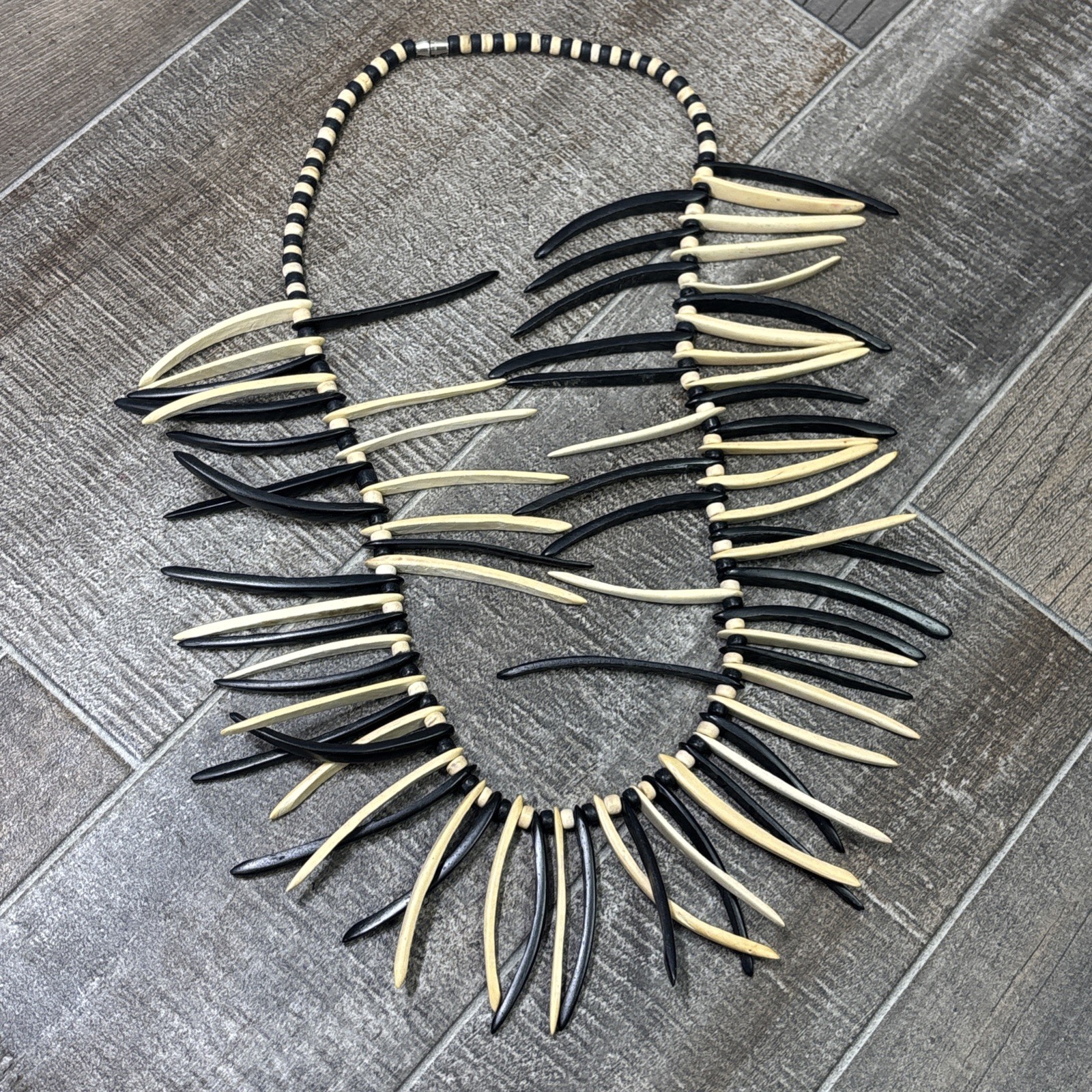 Vintage Tribal Bamboo Spike Statement Necklace Black Tan Handcrafted Boho