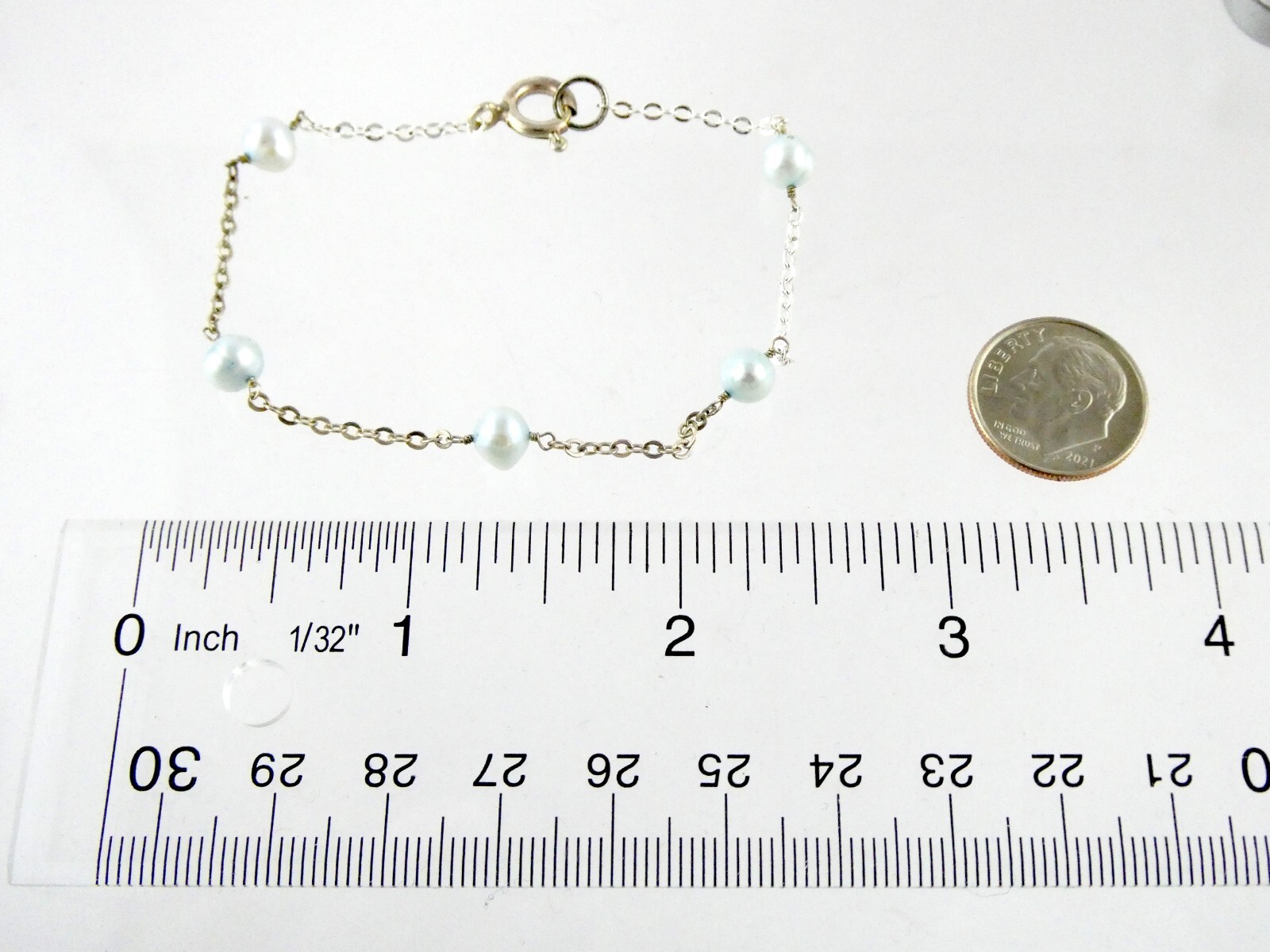 Sterling Silver Pale Blue Five Pearl Chain Bracelet 925 7 Inches Long 2.4 Grams