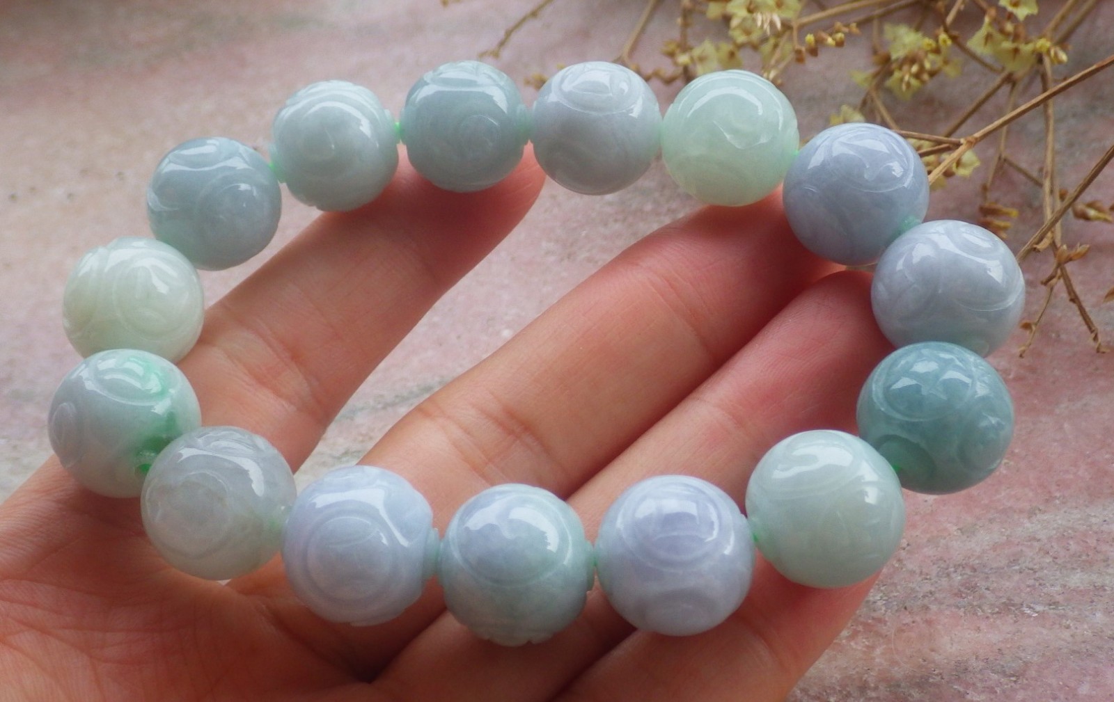 1 pcs Burma A Green jade jadeite bead Ruyi Flower bracelet Bangle 14mm 131109