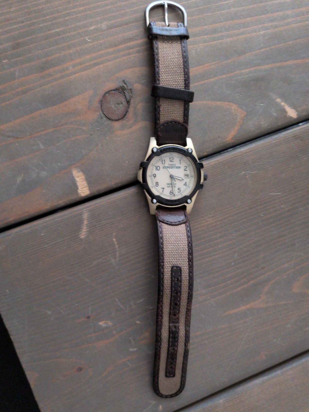 Timex Indiglo Watch Men Silver Black WR 50m Date Brown Beige Strap New Battery