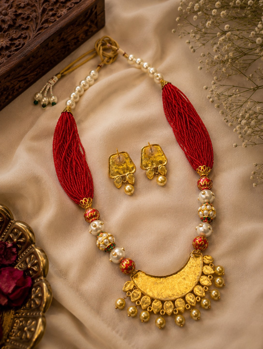 Handmade Lotus Thread Necklace Set Red Meenakari Pearl Indian Ethnic Jewelry