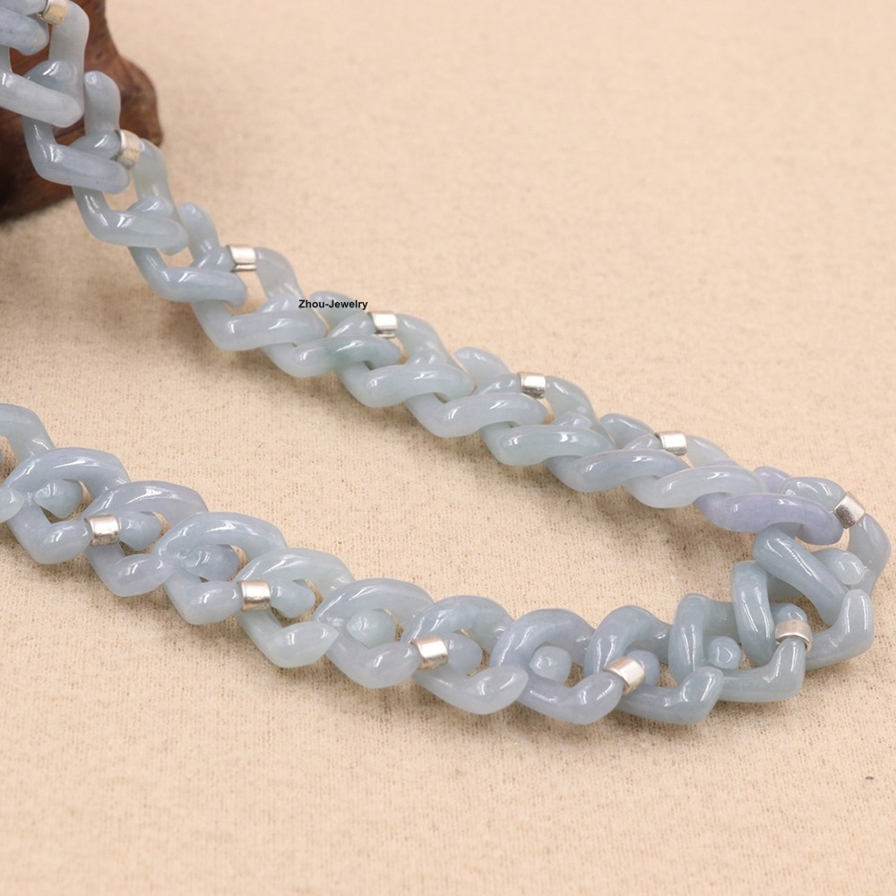 Natural Blue Water Jadeite Cuban Link Chain Necklace -Authentic Gemstone Jewelry
