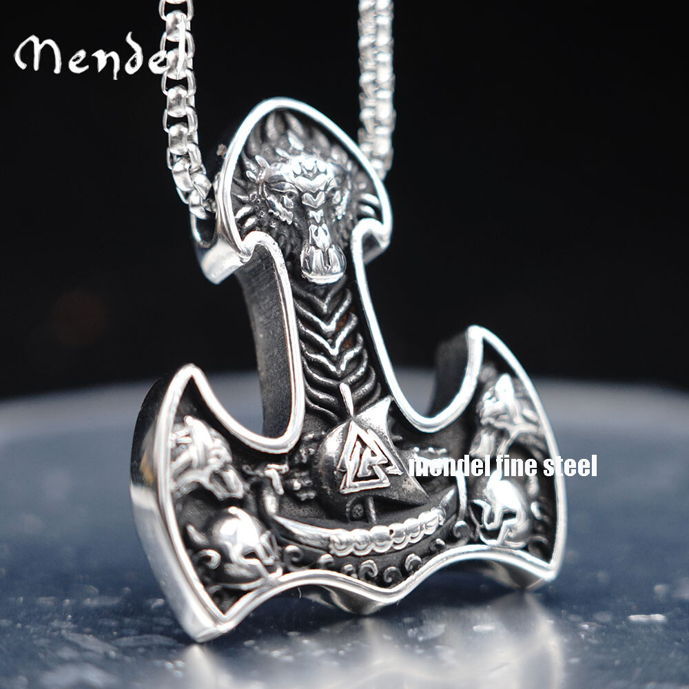 MENDEL Mens Stainless Steel Viking Pagan Valknut Ship Amulet Pendant Necklace