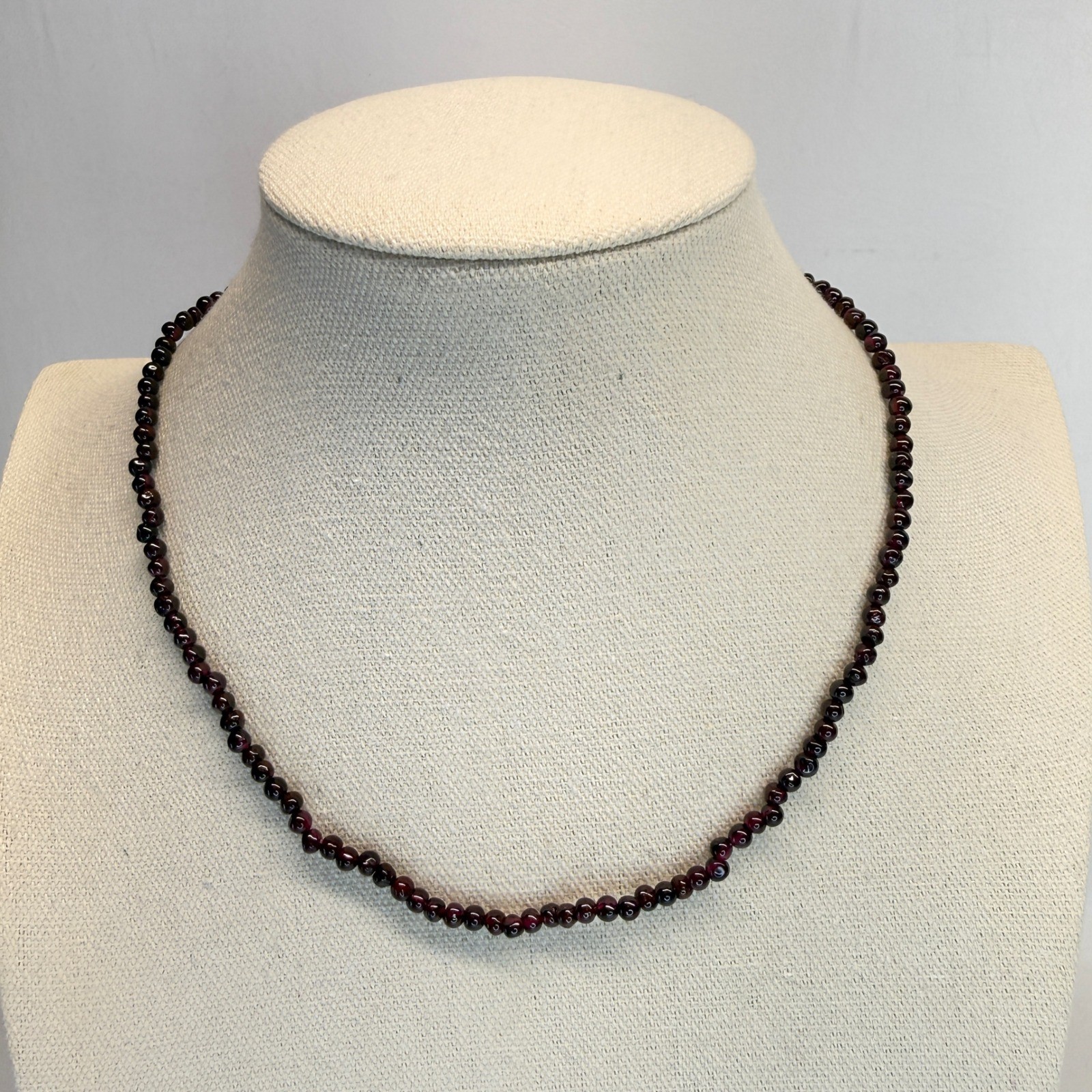 Vintage Round Garnet Bead Strand Necklace Sterling Silver Dark Red Burgundy